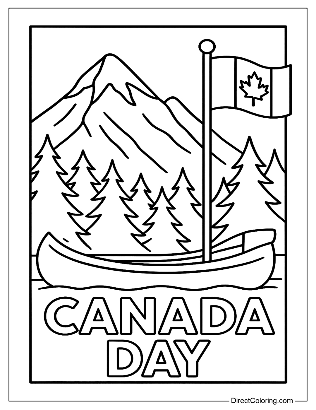 A page to color a vintage postcard-like frame with mountains, forests, a Canadian flag, and the words 